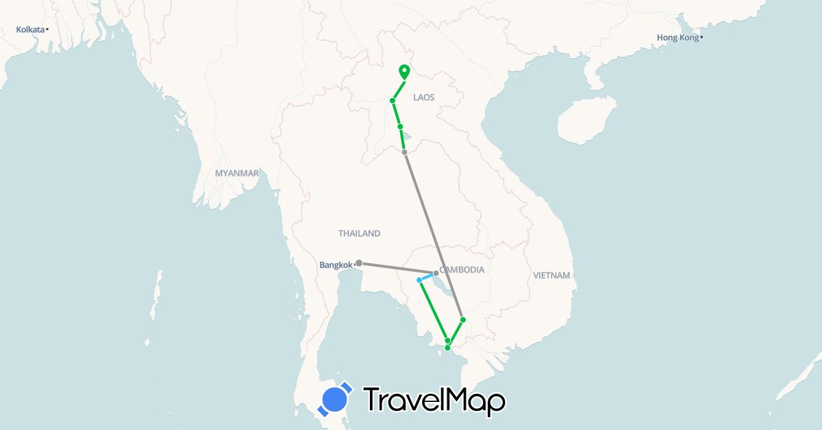 TravelMap itinerary: driving, bus, plane, boat in Cambodia, Laos, Thailand (Asia)